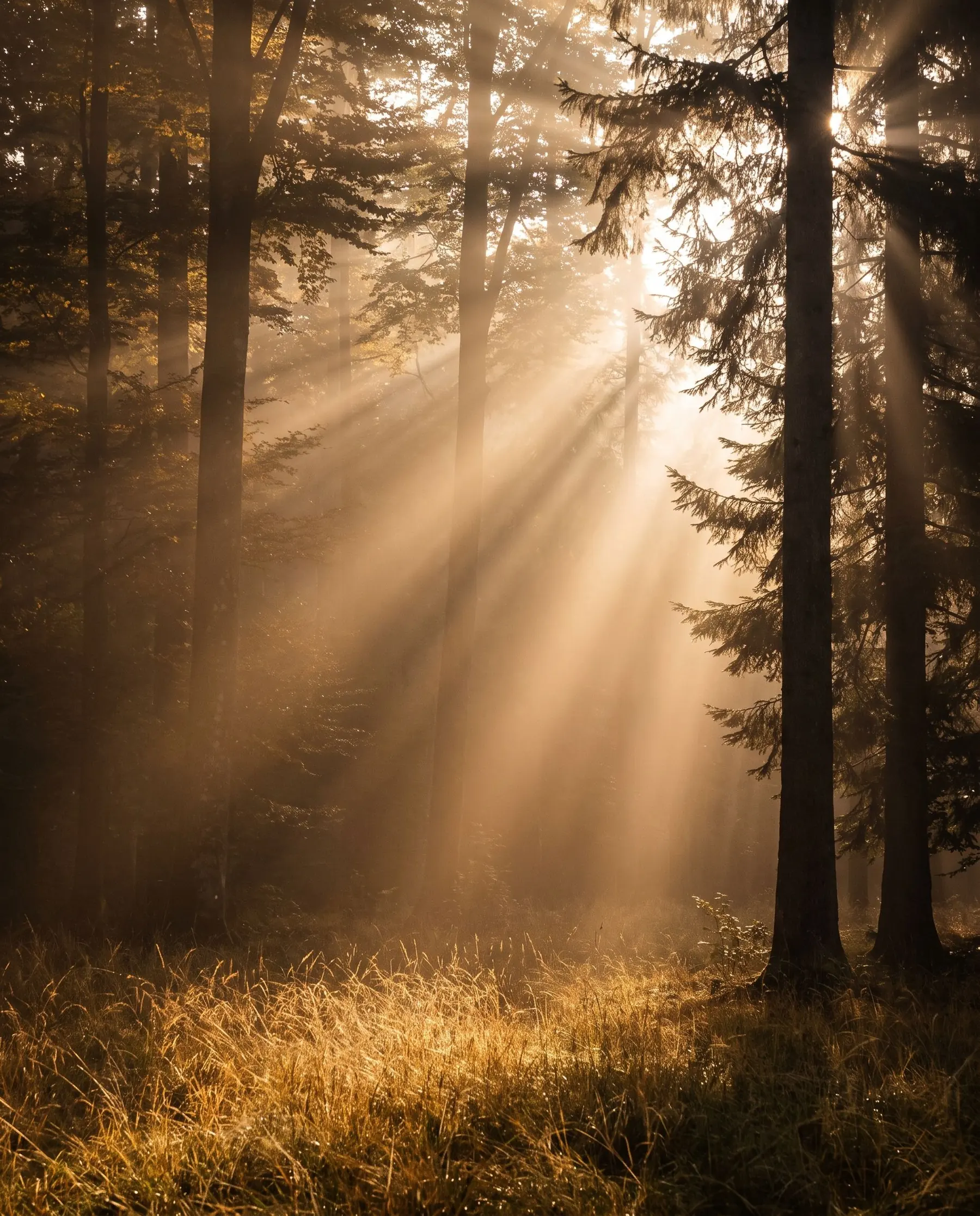 Rayons de lumière dorée dans la brume d’une forêt