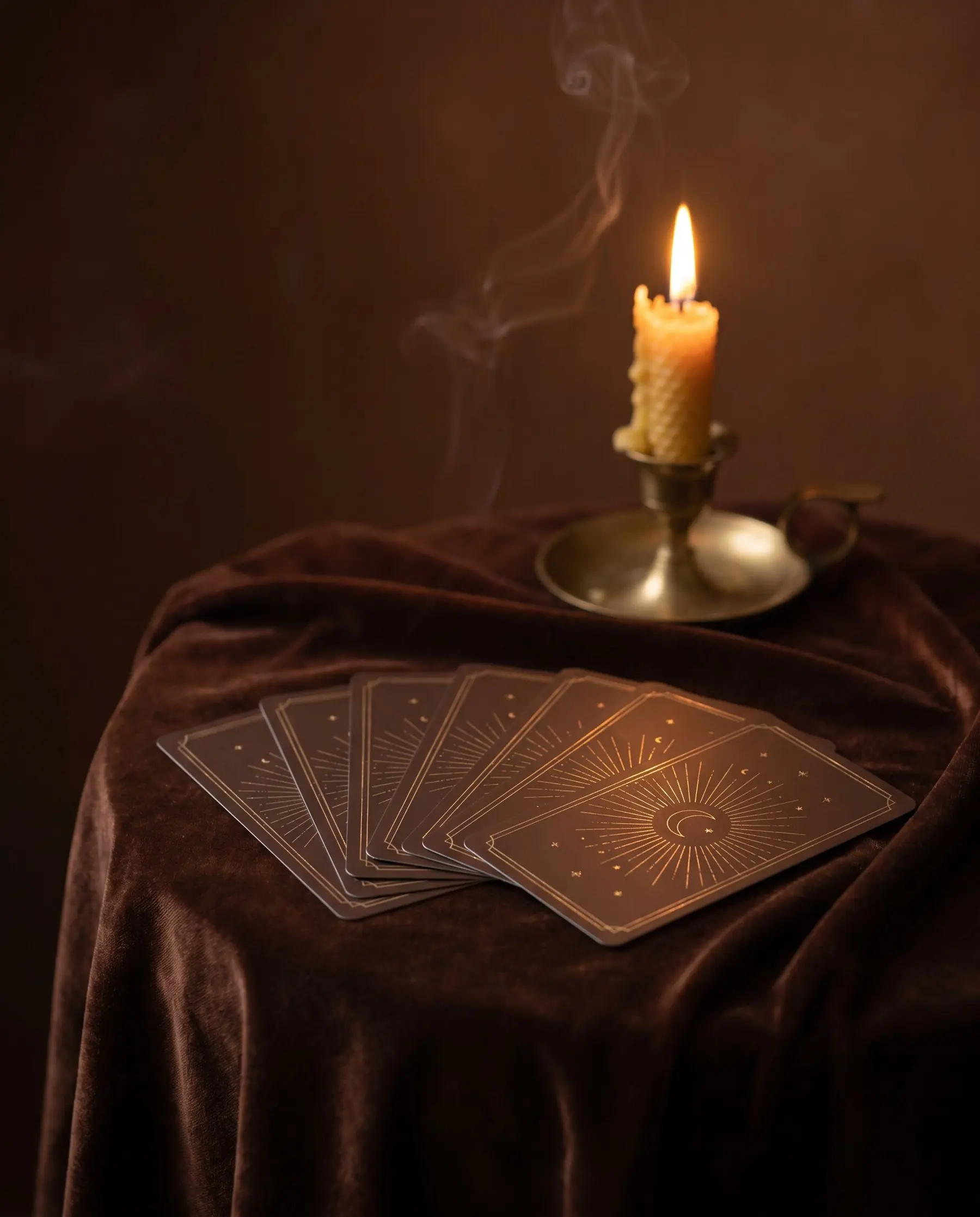 Cartes de tarot au dos doré sur une étoffe brune, près d’une bougie