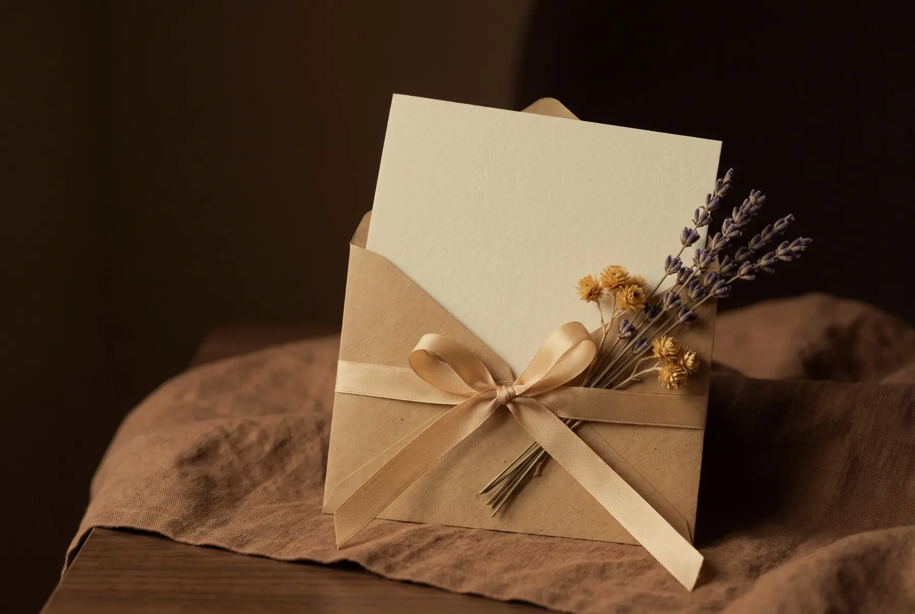 Carte vierge glissée dans une enveloppe kraft, nouée d’un ruban doré, avec un brin de lavande séchée